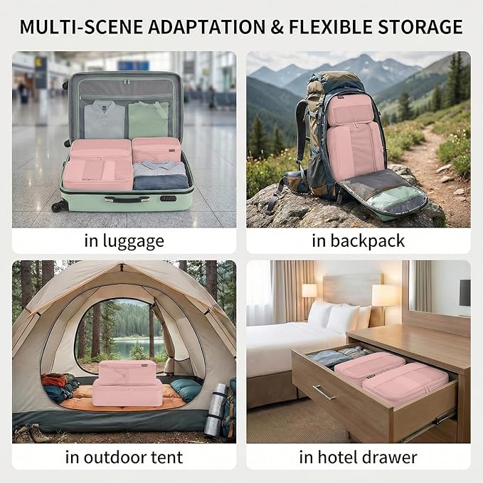 4 Piece Compression Packing Cubes for 3–7 Day Travel, Dusty Pink | Wrinkle-Resistant Memory Fabric, Breathable Mesh Panel, Double-Zipper, Small to Large Size Bag, Smart Organization - Image 6