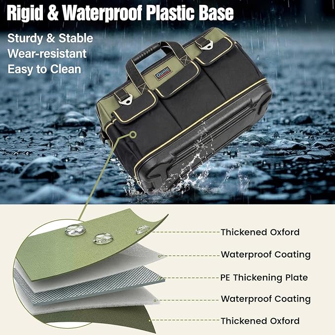 Tool Bag, Ounic 20 Inch Large Tool Tote Bag Heavy Duty With Waterproof Molded Base, Wide Mouth Tool Box Organizer with Adjustable Shoulder Strap for Electrician Mechanic Craftsman Plumbers(Green) - Image 5