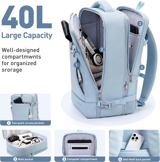 SHOWKOO Laptop Backpack for 17 Inch Laptop, 40L Expandable Large Capacity Backpack, TSA Carry On Travel Backpack with Padded Laptop Compartment, Water-Resistant College & Commuter Bag, Blue - Image 3