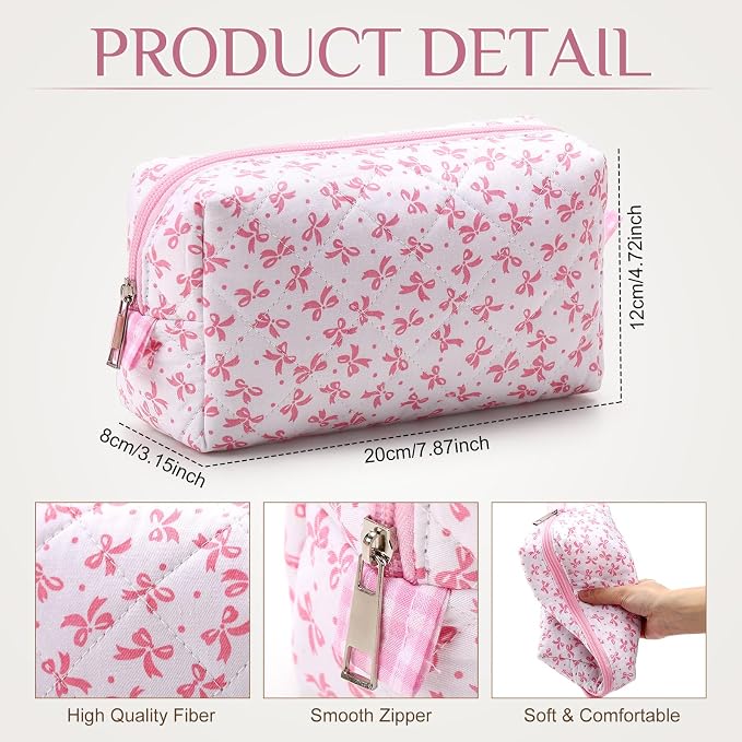 Paterr 10 Pcs Quilted Makeup Bag Bulk Cotton Floral Cosmetic Bag Women Girls Bridesmaid Gifts Cute Makeup Pouch Coquette Aesthetic Travel Toiletry Organizer(Bow Floral,7.87 x 4.72 x 3.15 Inches) - Image 2