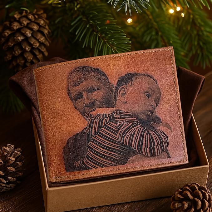 Personalized Wallet for Men Engraved with Photo – Custom Leather Picture Wallet Gift for Husband or Boyfriend from Wife or Girlfriend – Customized Christmas, Anniversary, or Birthday Gift for Him