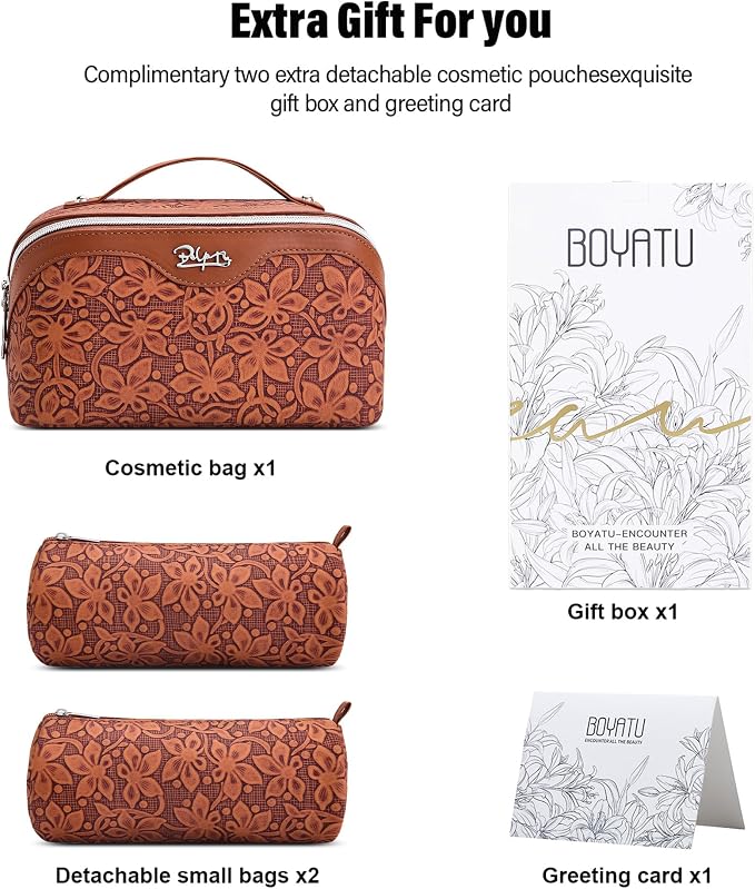 BOYATU Travel Makeup Bag Cosmetic Bags for Women: Large Capacity 3 Pcs Set Make up Bag with Compartments - Waterproof Vegan Leather Toiletry Organizer Bags with Handle (Z-61Brown) - Image 6