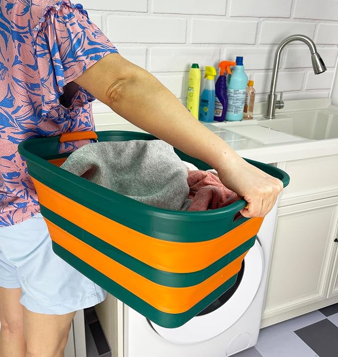 SAMMART Collapsible Plastic Laundry Basket with Handle/Foldable Pop Up Storage Hamper/Portable Laundry Organizer-Space Saving Washing Tub/Household Storage (Teal Green/Autumn leaf, 27L (Set of 2)) - Image 4