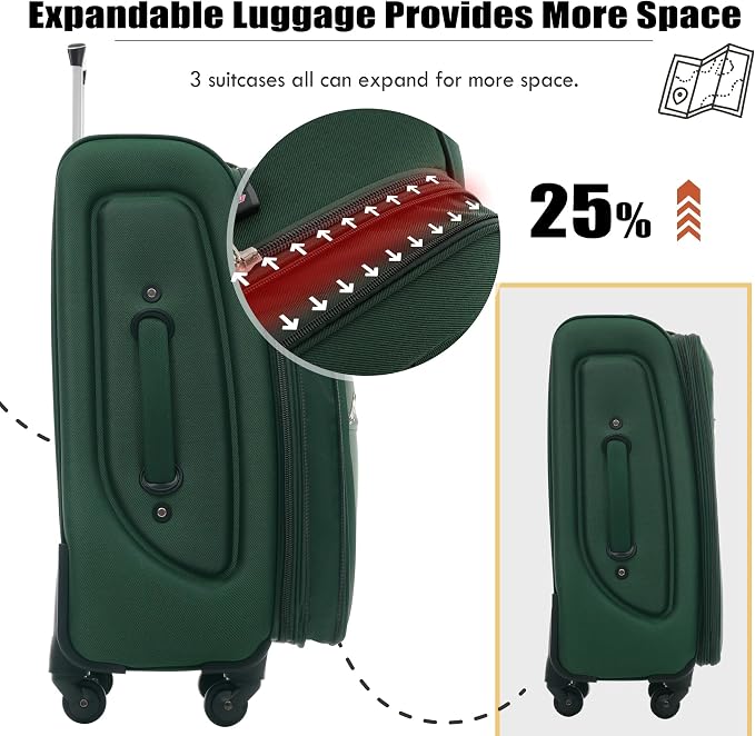 Merax Softside Luggage Set, Travel Suitcase Expandable Lightweight 3 Piece | Luggage Sets with Spinner Wheels 22" 26" 30" Suitcase with TSA Lock (Dark Green) - Image 5
