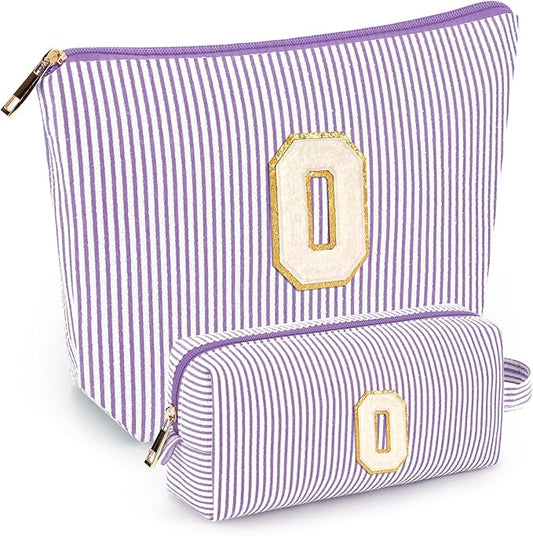 2 PCS Initial Makeup Bags for Women: Cosmetic Bag for Travel Toiletry - Birthday Gifts for 11 12 13 14 15 16 17 18 Years Old Girl Graduation Teacher Gift- Teen Girl Gifts Trendy Stuff - Purple O