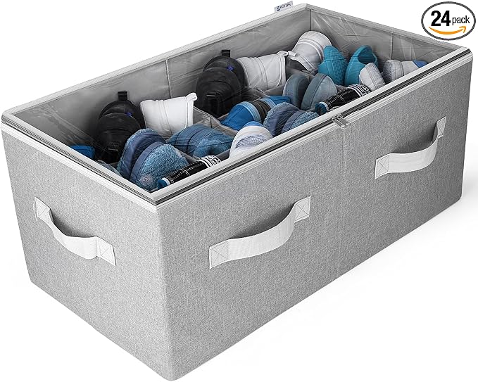 Moteph Shoe Organizer Closet Storage Solution with Clear Cover & Adjustable Dividers for Shoes, Handbags, Blankets, Linen, Clothing (Large - 24 Pairs, Grey) by MOTEPH