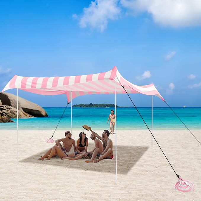Beach Tent Canopy, UPF 50+ UV Protection Beach Sun Shade, Portable 10×10 FT Large Pop-Up Tent Sun Shelter with Sand Anchors, Ground Pegs, Easy Setup for Camping, Park, and Backyard Fun-Pink Stripe - Image 2