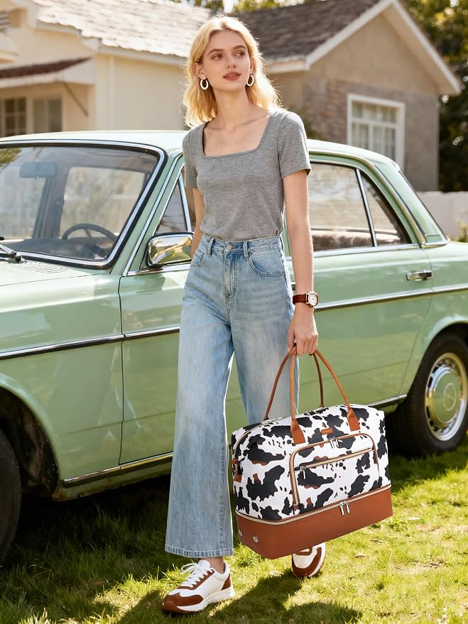 Weekender Bags for Women, Travel Duffle Bag Carry On Overnight Bag with Cosmetics Bag and Crossbody Purse for Gym Hospital, Gifts for Women, Cow Print Brown - Image 2