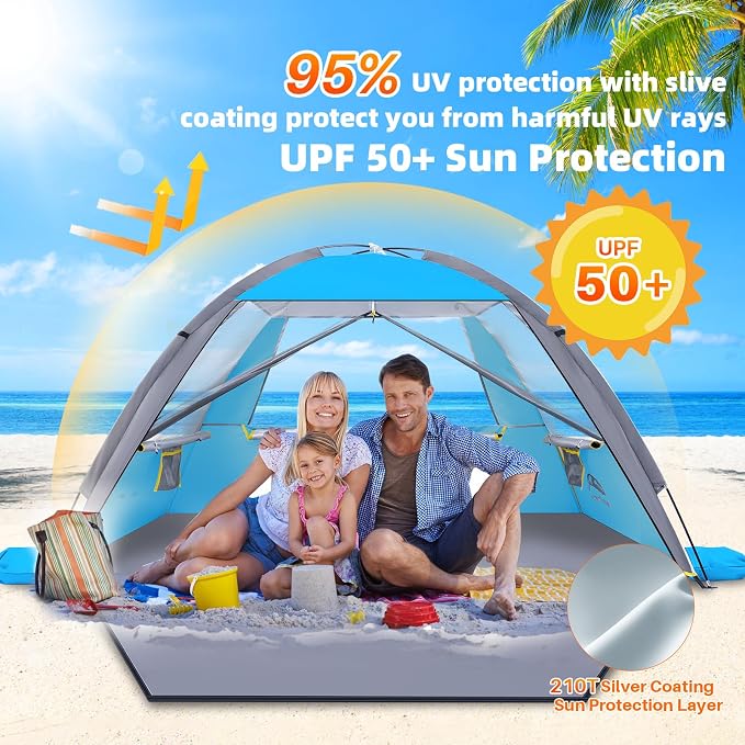 Happy Travel Beach Tent, UPF 50+ UV Protection Sun Shade Shelter for 3/4/5/6/7/8 Person, Portable Beach Canopy for Family & Baby, Lightweight & Easy Setup Beach Cabana with 3 Ventilation Mesh Windows - Image 4