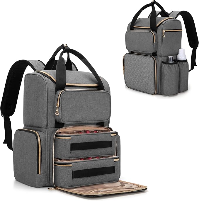 LUXJA Nail Polish Organizer Backpack Holds 70 Bottles and a UV Lamp | Travel Nail Bag with 2 Removable Cases, Ample Tools Storage Pockets, Adjustable Shoulder Straps, Trolley Sleeve, Gray by Luxja