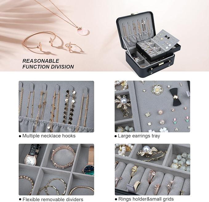 Large Jewelry Travel Organizer, 2 Layers Jewelry Box with Tray Black - Image 4