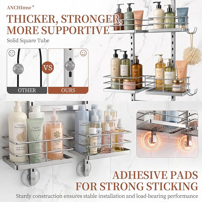 3-Tier Adjustable Hanging Shower Caddy for Handheld Showerhead, Silver | Rustproof Shower Rack Baskets, Anti-Swing Hanging Shower Organizer for Bathroom Storage with 2 S-Hooks, Large Capacity - Image 5