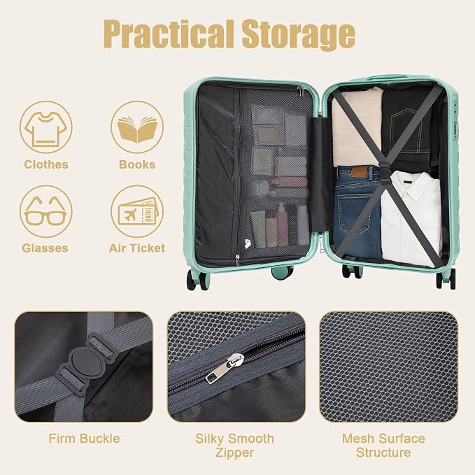 GDFStudio 20" ABS Hardshell Checked Luggage, Medium Capacity Travel Suitcase with Scratch Resistant Surface, 360° Silent Spinner Wheels, Combination Lock, Telescopic Handle and Side Hooks, Mint Green - Image 5