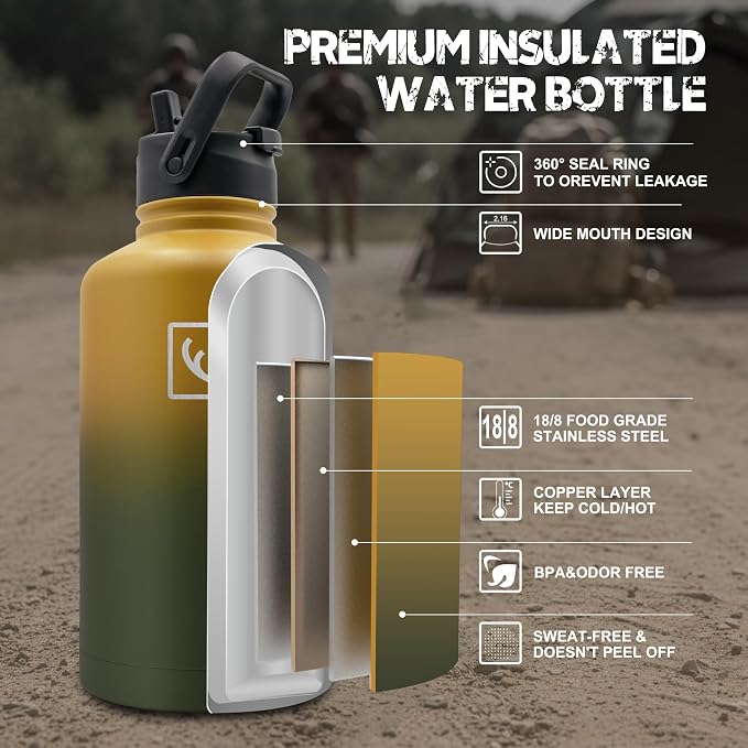 NATURE PIONEOR 64 oz Tactical Water Bottle with MOLLE Bottle Pouch & 3 Lids | 18/8 Food-grade Stainless Steel, Double Vacuum Insulation, 3 Leak-proof Lids, Handle, Strap, Camping, Hiking, Gym, Work - Image 3