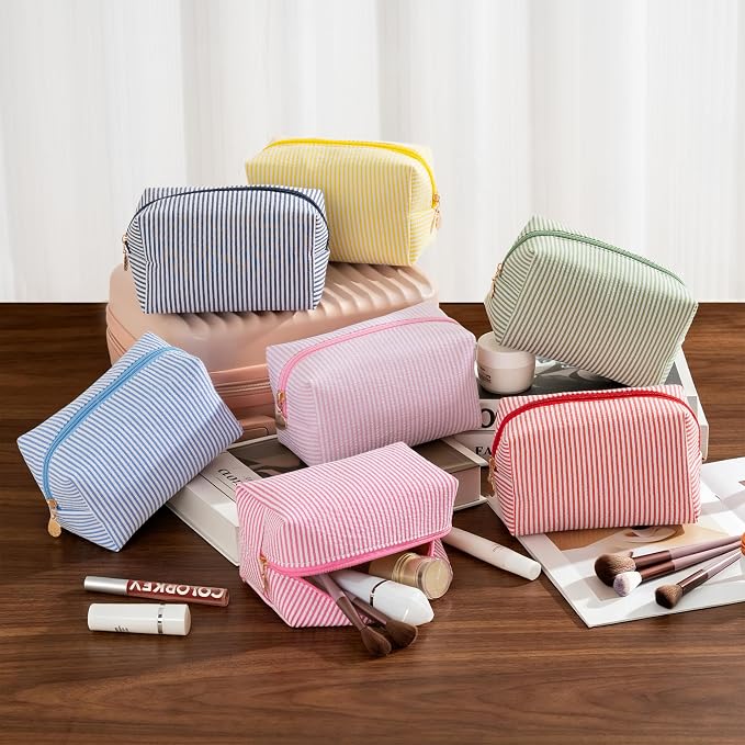 Makeup Bag Set for Women, 12PCS Travel Cosmetic Bags Pencil Case, Striped Seersucker Toiletry Organizer Pouches, Cute Makeup Pouch for Purse, Accessories and Gifts, Blue - Image 4