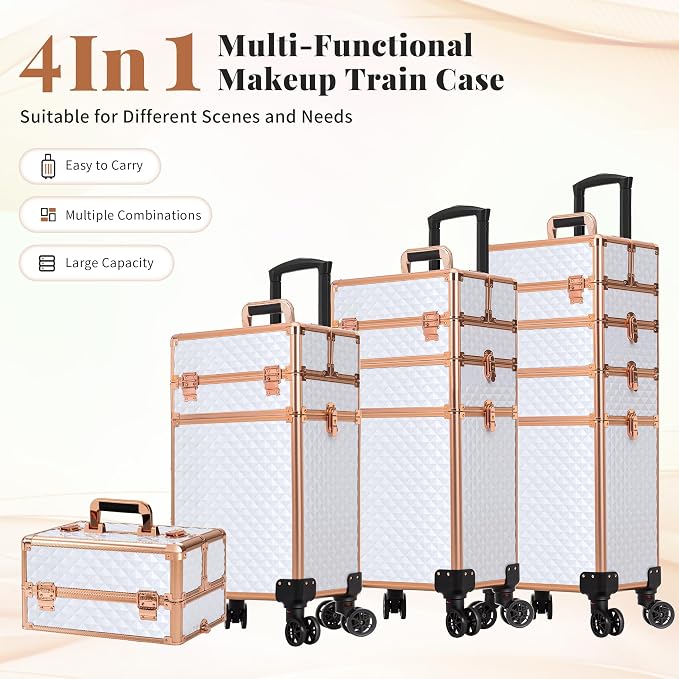 AROUS Rolling Makeup Train Case 4 in 1 Cosmetology Case on Wheels Large Storage Cosmetic Trolley with Key Salon Barber Case Traveling Cart Trunk,White - Image 2