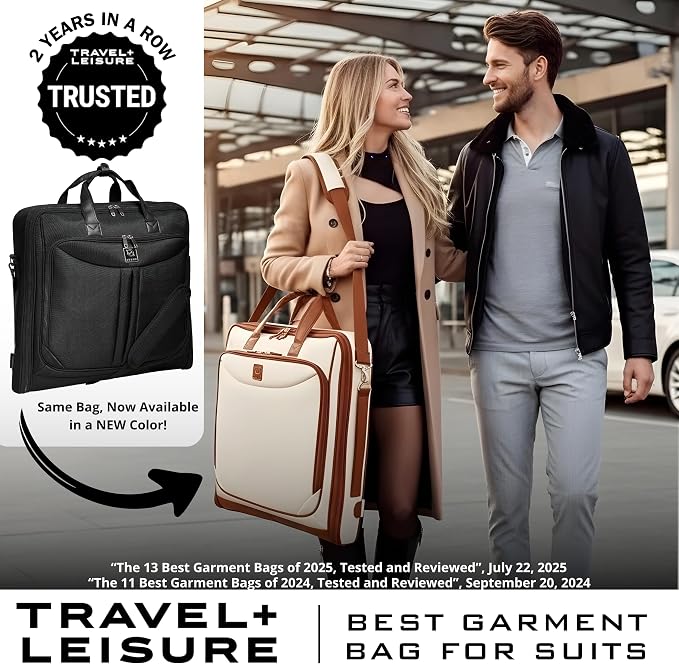 ZEGUR Premium Garment Bag Carry On for Women - Hangs Blazers, Pantsuits & More - Travel Bag with Shoulder Strap and Laptop Compartment (Beige with Saddle Brown Leather) - Image 3