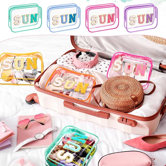 Kacctyen 12 Pcs Sun Clear Makeup Bags Bulk Sunscreen Pouch for Beach Pool Waterproof Toiletry Cosmetic Zipper Organizer with Preppy Chenille Letter Patch Women Girls Summer Vacation Gifts Essentials - Image 5