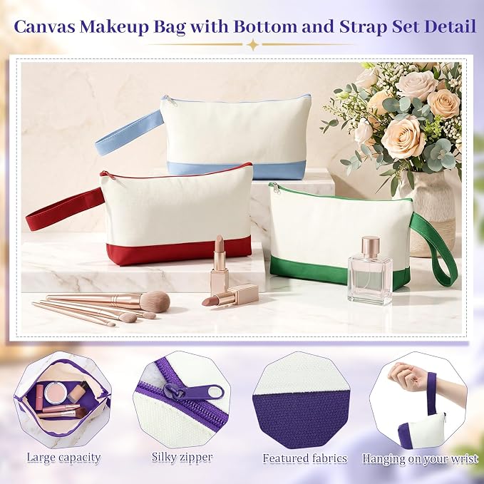 Silkfly 48 Pcs Cotton Canvas Makeup Bags Cosmetic Zipper Bags 10.2 x 5.5 x 2'' Blank DIY Pouch Bulk Pencil Case with Bottom Travel Toiletry Pouch for Women Craft Decor Gift (Beige and Multi Colors) - Image 3