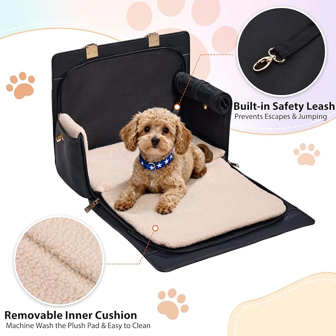 Dog Purse Carrier for Small Dogs, Stylish Foldable Pet Carrier Purse Tote Bag with Washable Cushion & Safety Leash, Airline Approved Puppy Travel Bag with Pockets (Black) - Image 5
