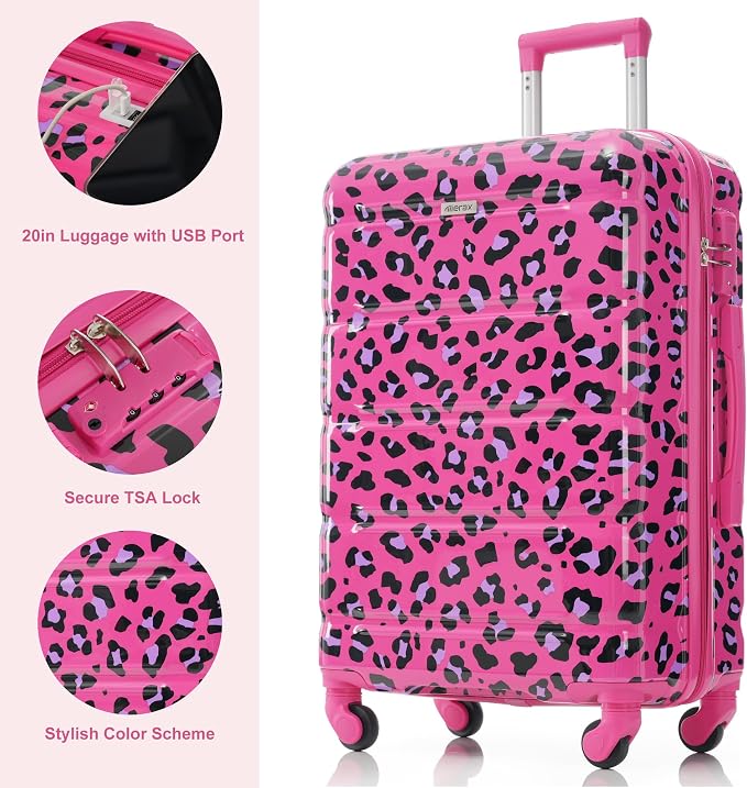 Hardside Luggage Sets, Lightweight Stripes Suitcase with Spinner Wheels, Fuchsia Leopard Print - Image 4