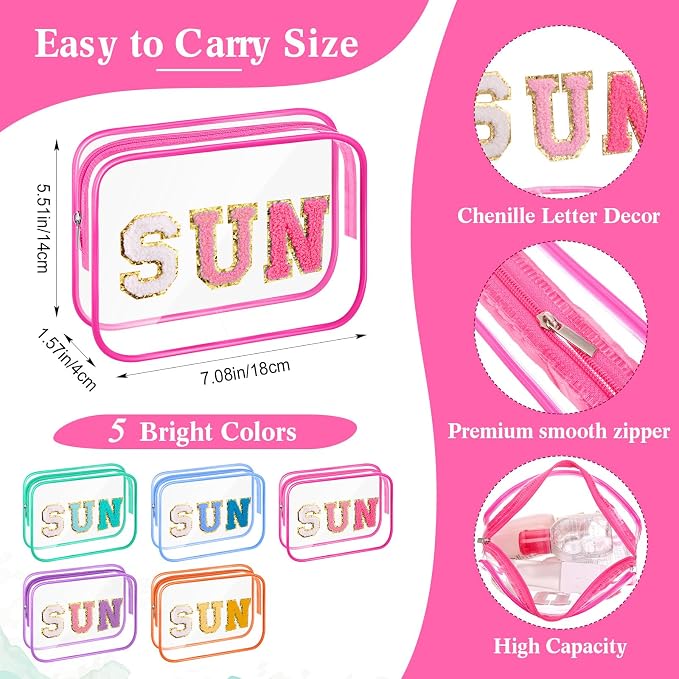 Kacctyen 20 Pcs Clear Sun Makeup Bags Bulk 5 Colors Sunscreen Pouch Beach Pool Waterproof Toiletry Cosmetic Bags Set Preppy Chenille Letter Patch Zip Organizer Girls Summer Vacation Gifts Essentials - Image 2