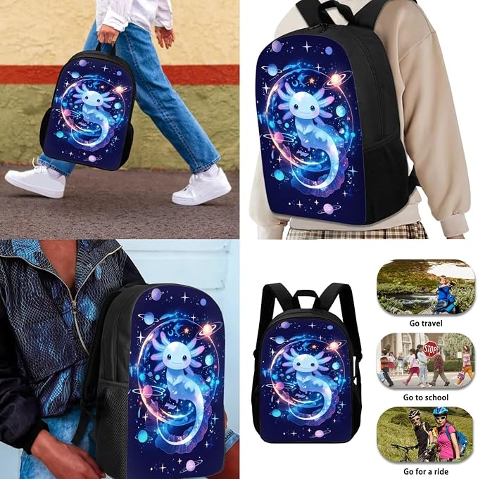 Galaxy Backpack with Lunch Box for Girls 4-6/6-8 Axolotl Bookbag and Lunch Bag Set 4 in 1 Space Elementary School Back Pack Lunchbox Pencil Case Water Bottle Holder Kids Book Bags Preschool - Image 3