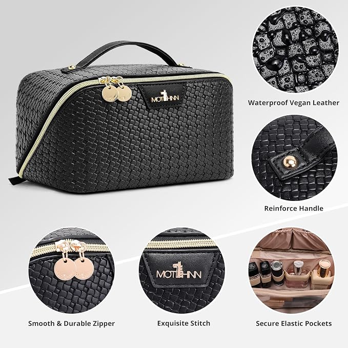 Travel Makeup Bag for Women: Designer 3 Pcs Set Cosmetic Bags for Women - Large Capacity Vagen Leather Hand-made for Toiletry Organizer - Ladies Travel Flat Open Essentials for Luxury (03Black) - Image 4