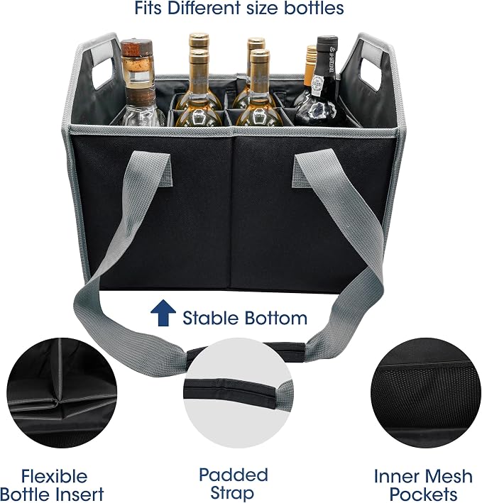 12 Bottle Wine Carrier Collapsible Reusable with Strap for Liquor Champagne Beer Glasses Storage Shopping Travel (Black) - Image 6