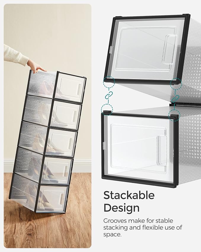 SONGMICS Shoe Boxes, Pack of 12 Shoe Storage Organizers, Stackable Clear Plastic Boxes for Closet, Sneakers, 13.7 x 9.9 x 7.4 Inches, Transparent and Black ULSP007B12 - Image 3
