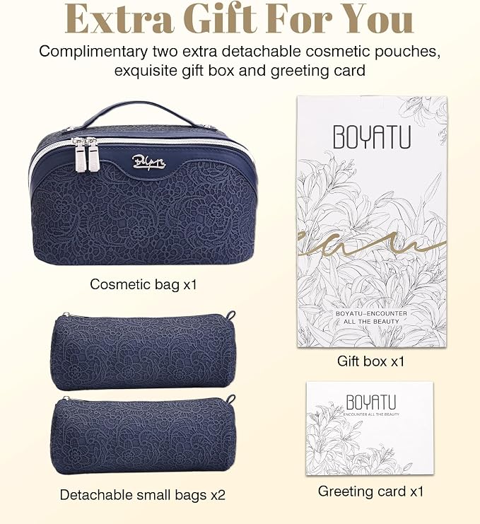 BOYATU Travel Makeup Bags Cosmetic Organizer Bag: 3 Pcs Set Large Capacity Make up Bag with Compartments - Waterproof Leather Toiletry Bags with Handle for Women (A-Dard Blue) - Image 7