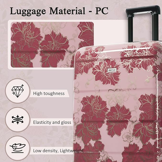 Merax Luggage Set,5 Piece Luggage with Handbag and Cosmetic Case | Hardside Printing Suitcase with Wheels,Carry on Luggage Airline Approved(Purple Pink Flower,8/14/20/24/28) - Image 2