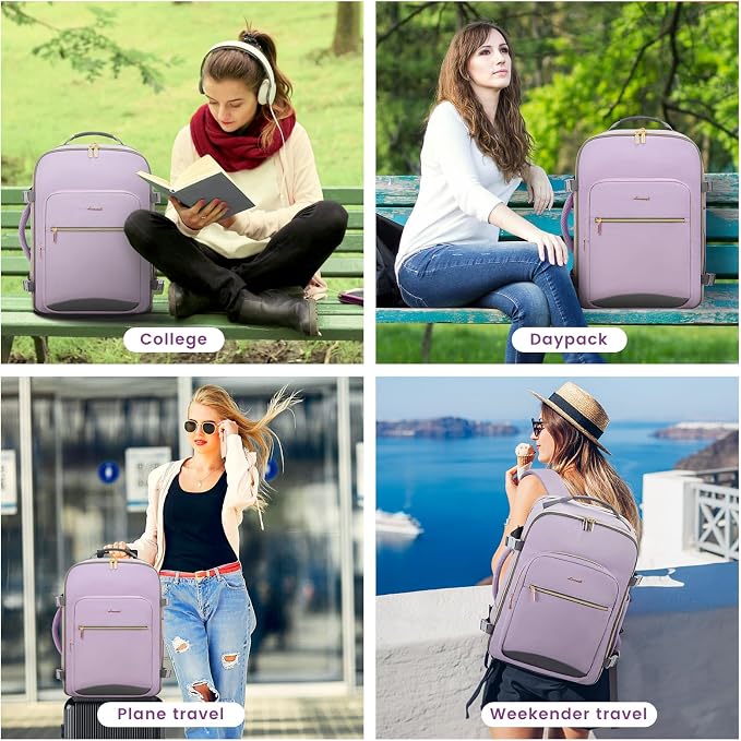 LOVEVOOK 40L Large Travel Backpack for Women Men, 17 Inch Carry on Backpack for Traveling on Airplane, Personal Item Travel Bag Airline Approved, Business Causal Weekender Backpack, Light Purple-Grey - Image 8