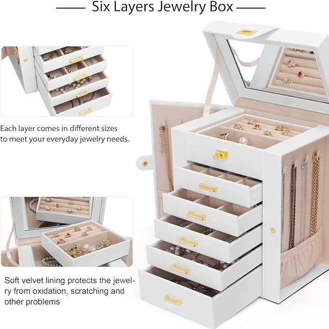 AKOZLIN 6-Tier Jewelry Box Organizer Functional 5 Drawers Leather Jewelry Storage Case for Women Girls Ring Necklace Earring Bracelet Holder Organizer with Mirror White Large - Image 4