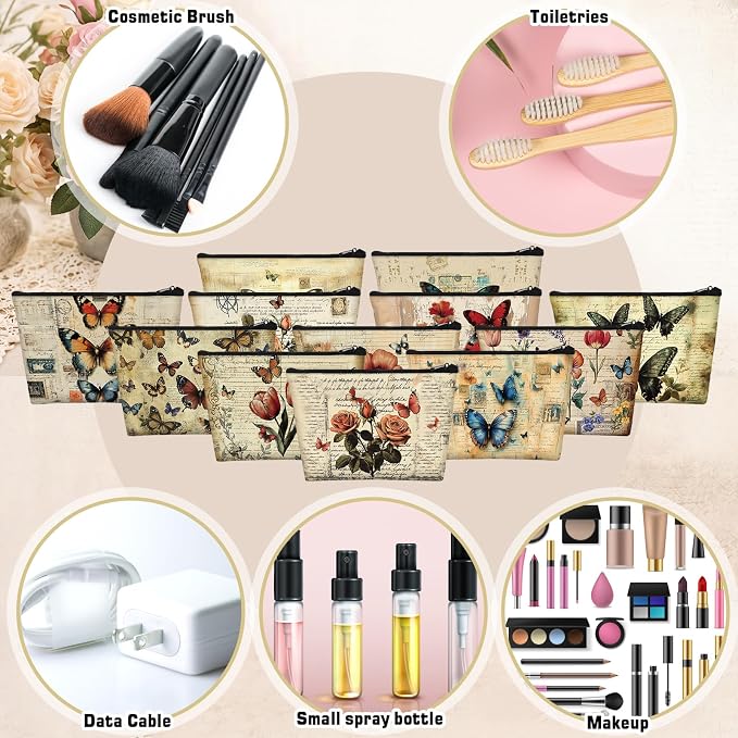 Sweetude 12 Pcs Vintage Butterfly Makeup Bag Bulk Retro Butterfly Flower Travel Cosmetic Bag with Zipper Waterproof Roomy Travel Toiletry Organizer Storage Pouch for Women Butterflies Lover Gift - Image 4