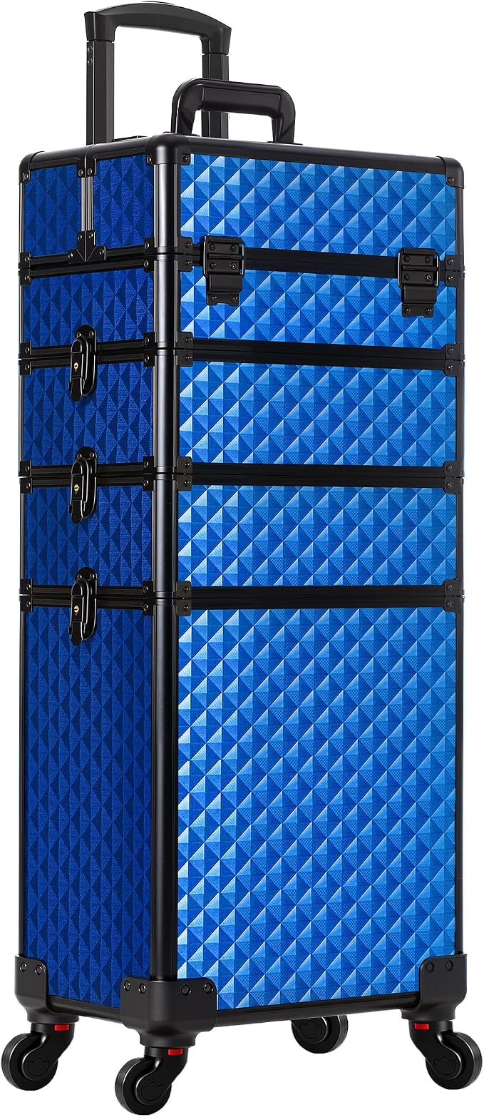 AROUS Rolling Makeup Train Case 4 in 1 Cosmetology Case on Wheels Large Storage Cosmetic Trolley with Key Salon Barber Traveling Cart Trunk, Blue - Image 8