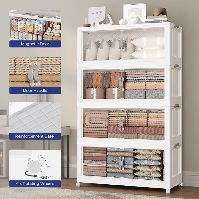 150Gal/600QT 5-Tiers Extra Large Stackable Storage Bins with Lid, Collapsible Cabinet Closet Organizer Plastic Container Box with Wheels Doors Drawers for Office Dorm Kitchen, White - Image 7