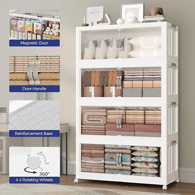 120Gal/480QT 4-Tiers Extra Large Stackable Storage Bins with Lid, Collapsible Cabinet Closet Organizer Plastic Container Box with Wheels Doors Drawers for Office Dorm Kitchen, White - Image 7