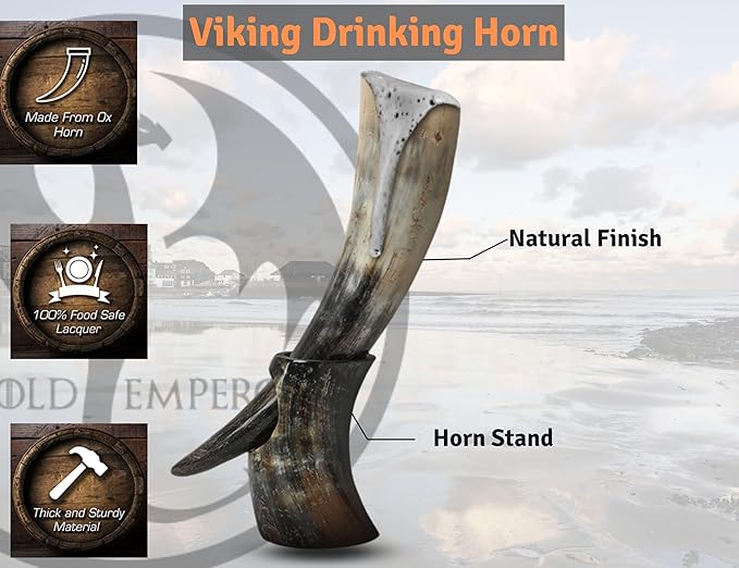OLDEMPEROR Viking Drinking Horn - 12 Inch with Horn | Handmade Beer Cup | Food Grade | Unique Genuine Ox with Iron Stand | Natural Shine Finish | Chirstmas Viking Gift for Men & Women