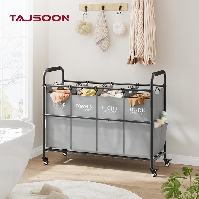 Tajsoon 4 Bag Laundry Sorter Cart, 4 Section Laundry Hamper Sorter with Heavy Duty Lockable Rolling Wheels, Laundry Separator Hamper with Removable Bags for Dirty Clothes Storage, Grey - Image 2