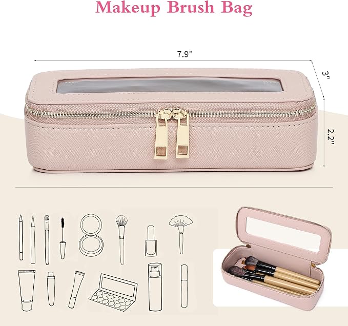 Pinkmik Clear Makeup Bag with Brush Bag Portable Cosmetic Bag Case Travel Toiletry Bag Car Essential for Women (Pink, L+SLIM) - Image 4