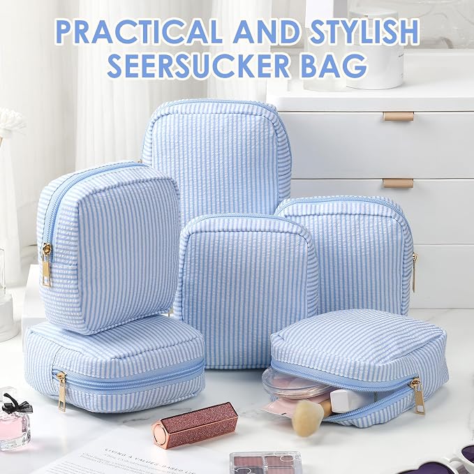 Sanwuta 6 Seersucker Cosmetic Bag Bulk Striped Makeup Bag for Women Aesthetic Cute Travel Toiletry Organizer Preppy Storage Pouch for Wedding Bridesmaid Mother's Day Teacher Gift (Small,Light Blue) - Image 4