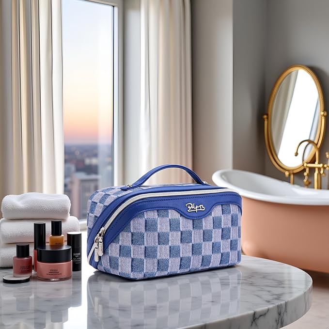 BOYATU Travel Makeup Bag for Women: Large Cosmetic Bag Set of 3 - PU Leather Make up Bag with Compartments - Compact Waterproof Toiletry Bag with Divider & Handle (D-1-Blue) - Image 6