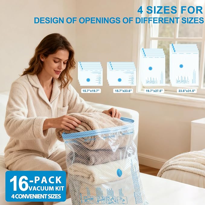 ANBIUX Vacuum Bags for Travel with Rechargeable air Pump, 16 Pack Carry-on Size Compression Packing Bags for Luggage and Suitcase, Space Saver for Clothes and Clothing Travel 16 PACK+PUMP - Image 2