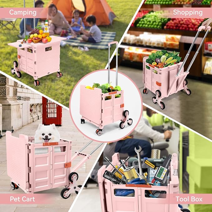 Foldable Utility Cart Portable Crate Rolling Dolly with Telescopic Handle,Can be Pulled diagonally, Magnetic Retractable Lid, 360°Swivel Climbing Wheels for Shopping Carrying Groceries Move Pink - Image 8
