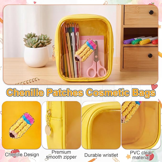 12 Pack Back to School Clear Makeup Bag PVC Cosmetic Pouch with Yellow Crayon Embroidery Small Waterproof Leather Travel Bag for Women, Teacher Appreciation Gifts - Image 3