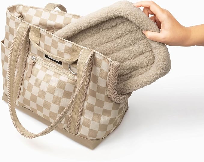 Cleverpup Transit Tote Dog Carrier for Small Dogs Under 8 lbs, 16x11x8 Soft-Sided 4-Pc Set with Waterproof Base, Plush Insert, Food Pouch, Mesh Head Opening - Small, Checkerboard - Image 8