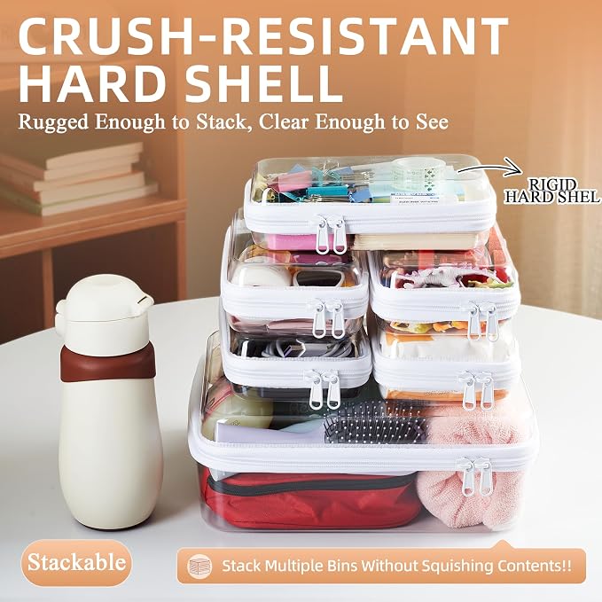 6 pcs Zipper Pouches, Hard Shell Toiletry Bag, Stackable Travel Organizer | Cosmetic Bags, Transparent Diaper Bag, Storage Cases (Tall M + 5S) - Image 5