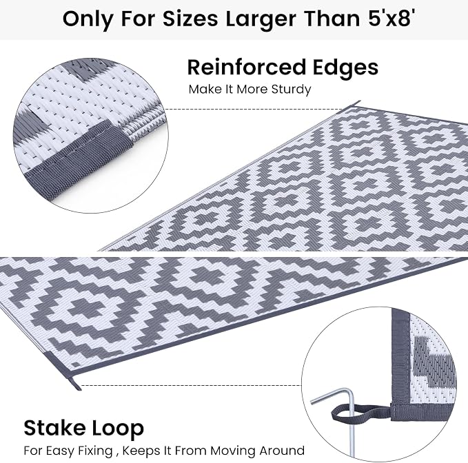 Smiry Waterproof Outdoor Rug 9x12 ft, Reversible Plastic Straw Patio Camping Rugs, Outdoor Indoor RV Mat Carpet for Patio, Outside Entry, Backyard, Deck, Bench, Picnic, Camper, White & Grey - Image 4