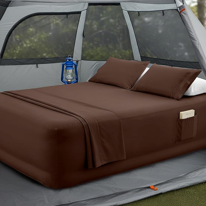 Mocassi 4-Piece Extra Deep Pocket 16-24 Inch Air Mattress Bed Sheet Set- 4PC Sheet Set with Smart Pockets Ideal for Air Beds, RVs, Camping and Guest Rooms Premium Hotel Quality, Queen, Brown by MocassiLuxuryBedding